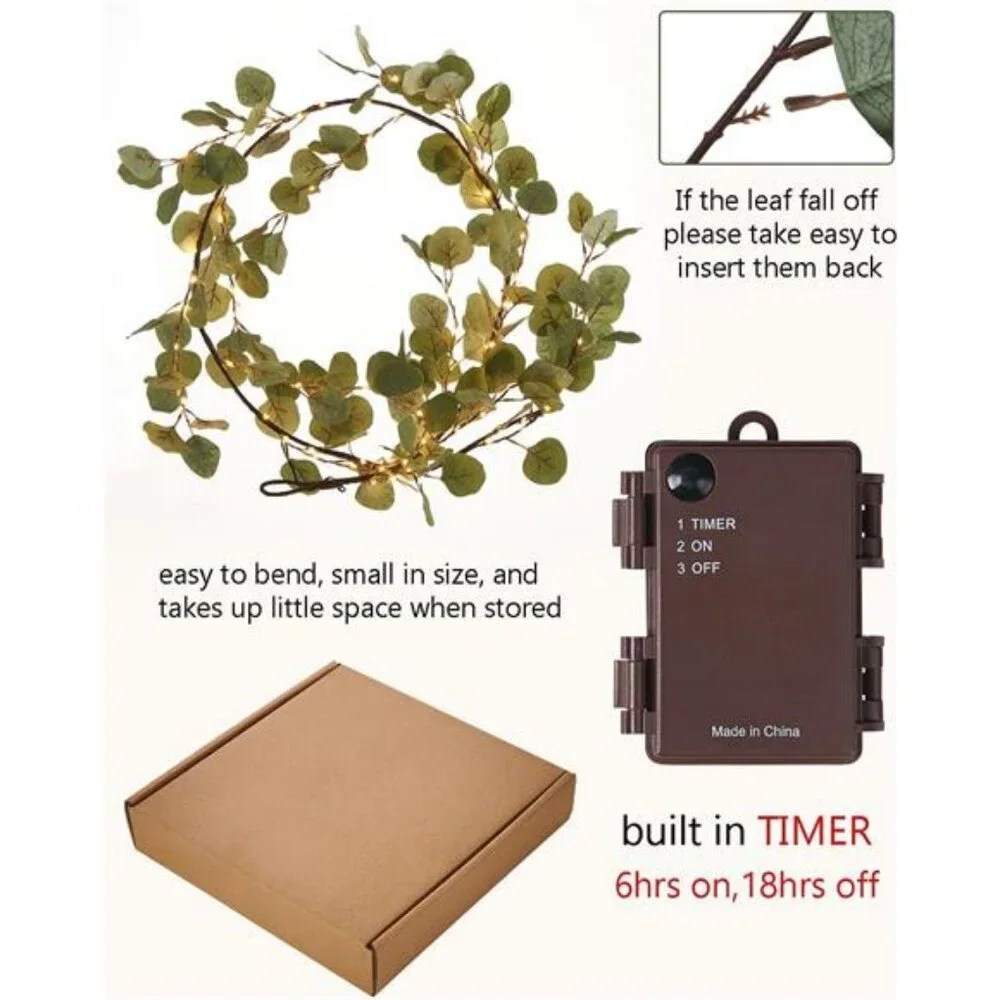 Lighted Twig Eucalyptus Garland 6FT 96 Warm White LED Battery Operated